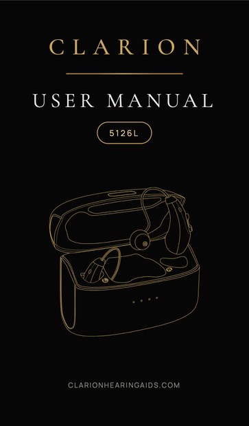 The Clarion Clarity S3 user manual cover: the gold CLARION wordmark over USER MANUAL on black, with a fine gold line drawing of the open charging case.